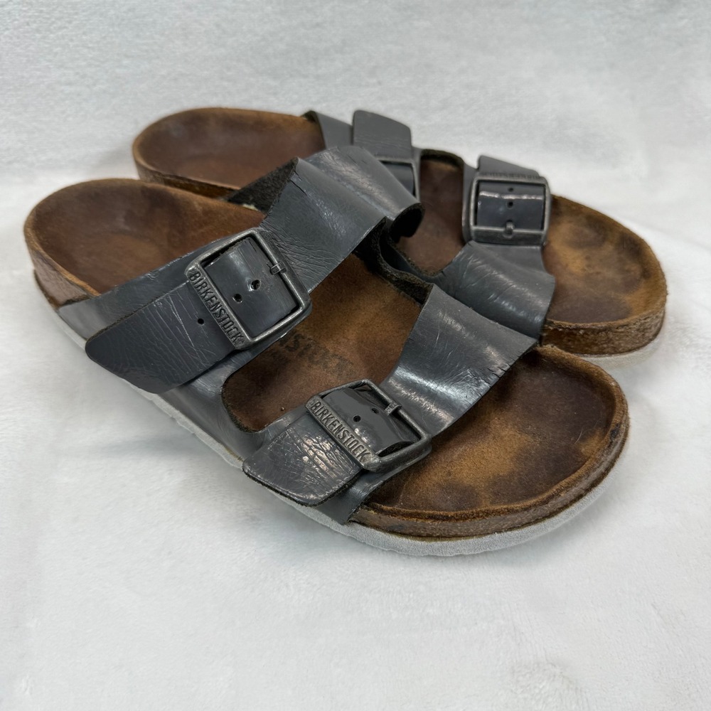 Birkenstock Arizona Leather Sandals Gray Two Strap Slides EU 38N US 7 READ